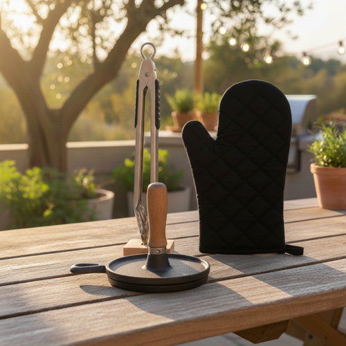 Combo GrillAir: Pinza Premium  - Guante Termico + Prensa para hamburguesas / carnes