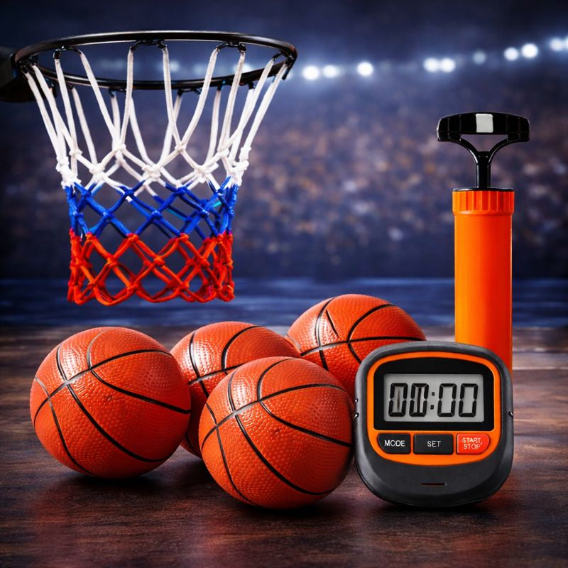 Combo Basquet: Inflador + 4 Pelotas +´Red Reforzada + Cronómetro Mini