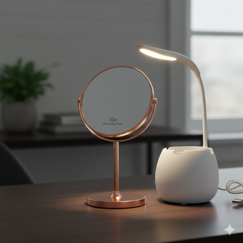 Combo GlowDesk: Espejo de aumento portátil X10 GlowDesk + Mini Lampara Led